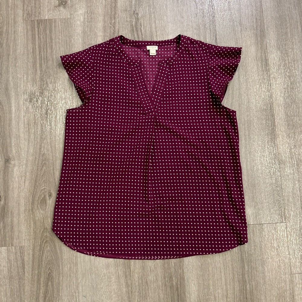 J. Crew Blouse Women Size 12 Purple Polka Dot V-Neck Flutter Cap Sleeve Shirt - Picture 1 of 9